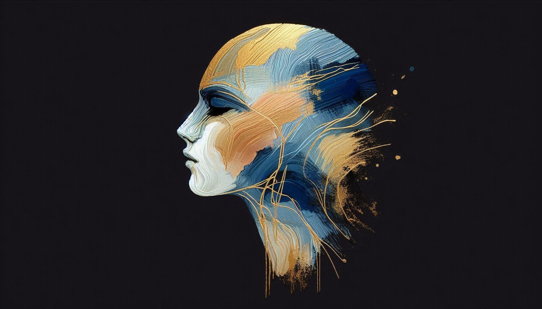 Abstract art portrait of a human profile in blue and gold on a dark background.