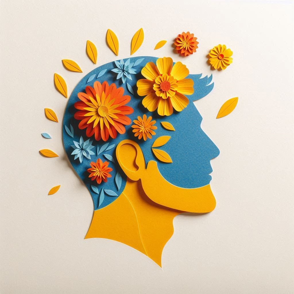 Colorful paper cutout of a human head profile with flowers and leaves.