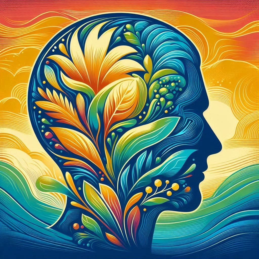 Colorful abstract profile silhouette filled with vibrant plant and leaf patterns against a bright background.