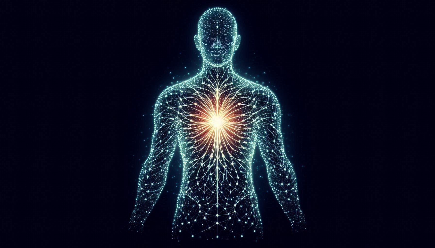 Abstract digital human silhouette with glowing neural connections and a bright light at the heart.