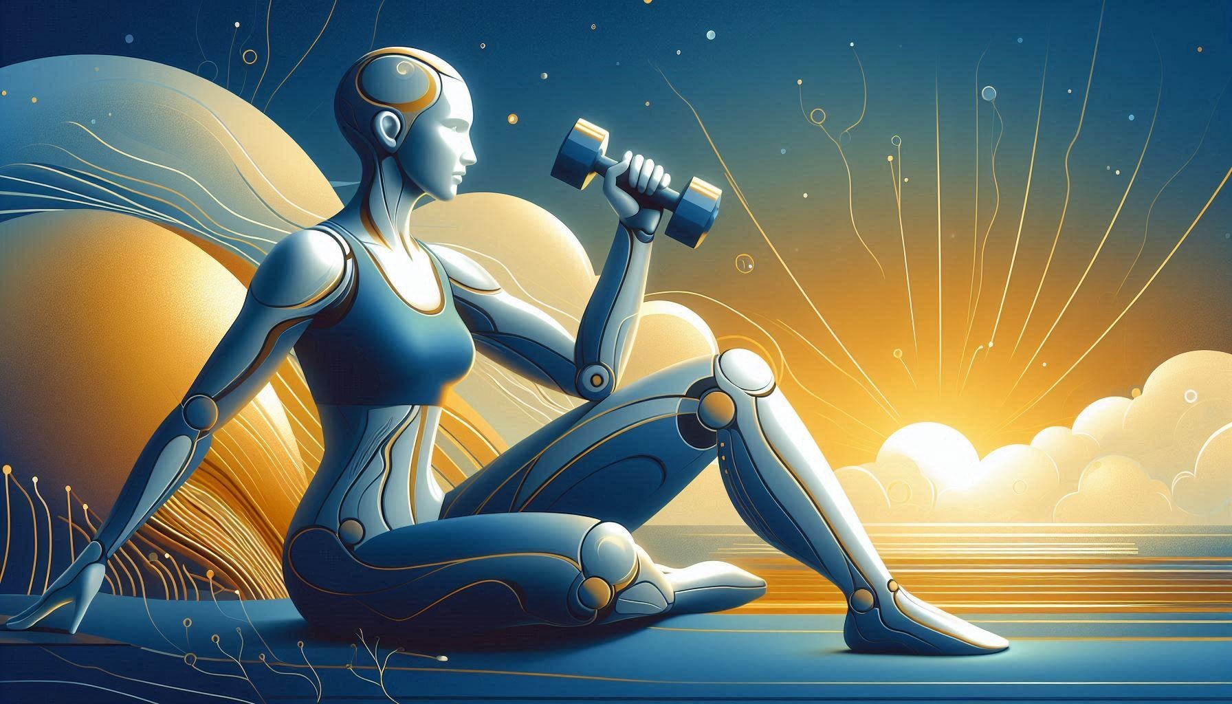 Futuristic female android exercising with a dumbbell against a sunrise backdrop.