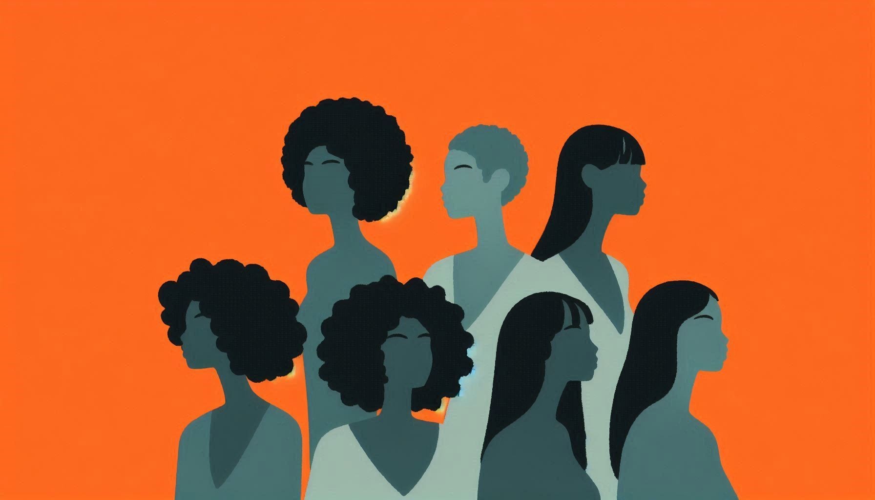 Illustration of diverse women in profile with various hairstyles on an orange background.