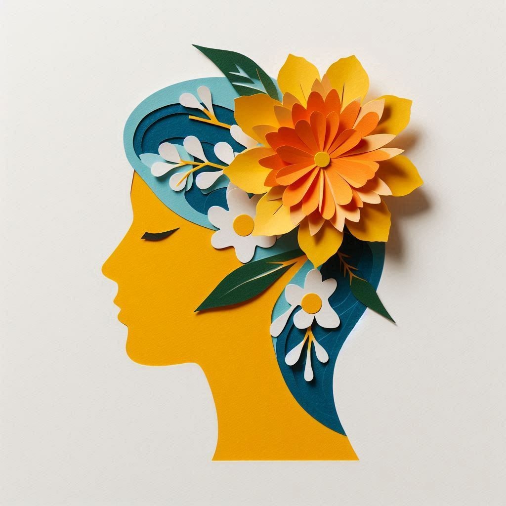 Colorful paper art of a woman's silhouette adorned with vibrant flowers and leaves in her hair.