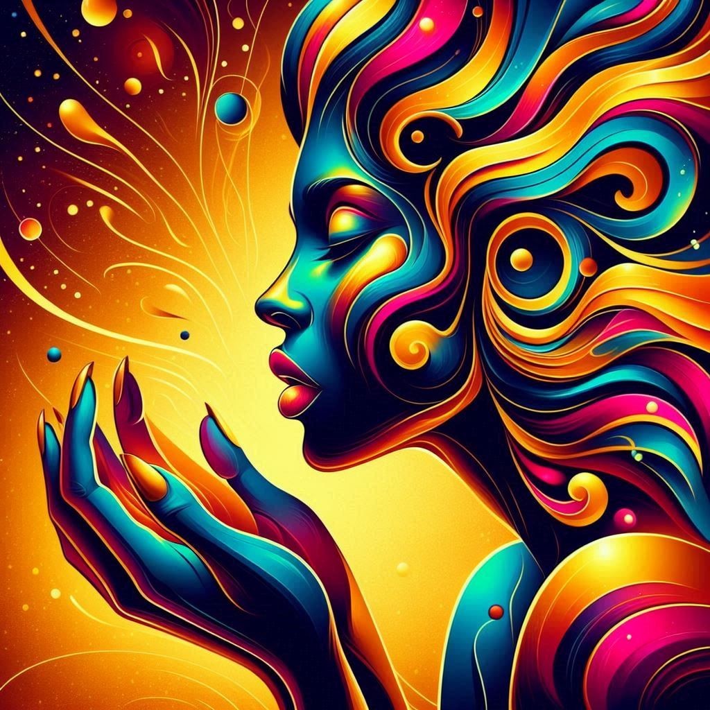 Colorful abstract illustration of a woman's profile with swirling hair and vivid patterns against a bright background.